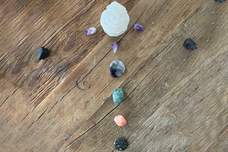a pattern of crystals on a table for use in crystal energy clearing
